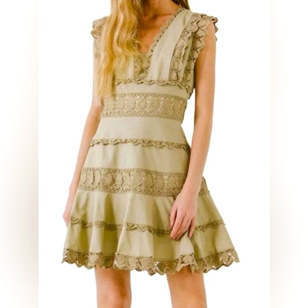 ENDLESS ROSE  Plunging Neck Lace Trim Dress - Olive